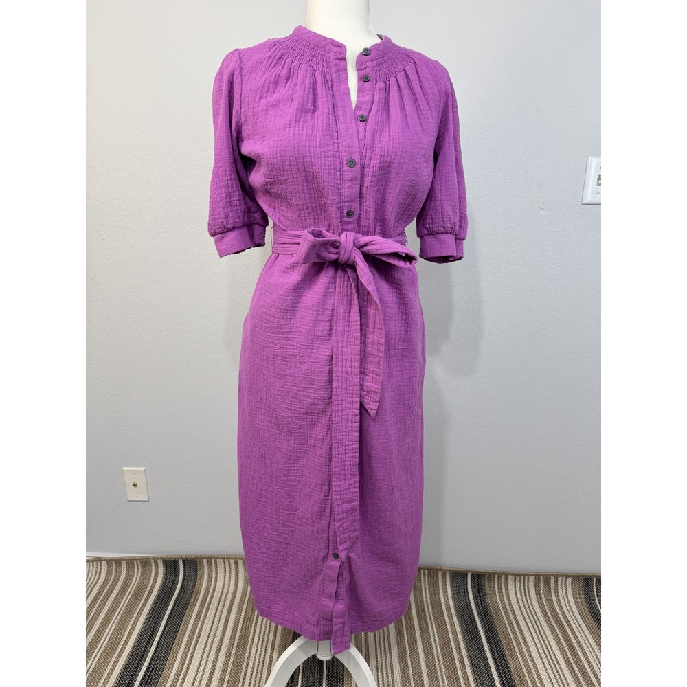 Boden Ada Double Cloth Midi Dress Women's 10 Purple Belted Shirt Cotton Gauze